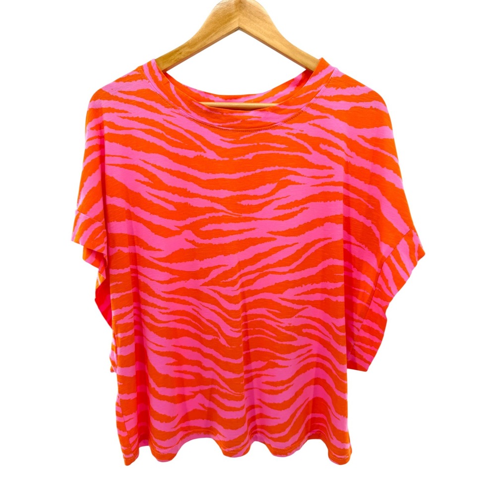S'edge Womens Zebra Print Dolman Sleeve Top Neon Pink Orange Cotton Large Boxy‎